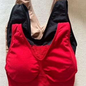 Rhonda Shear Lace Trim Bralette Trio - Red, Black, Tan